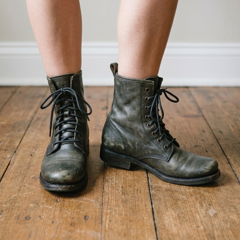 Frye Veronica Combat Boot Women 7.5B Olive Green Distressed Leather Lace Up Moto